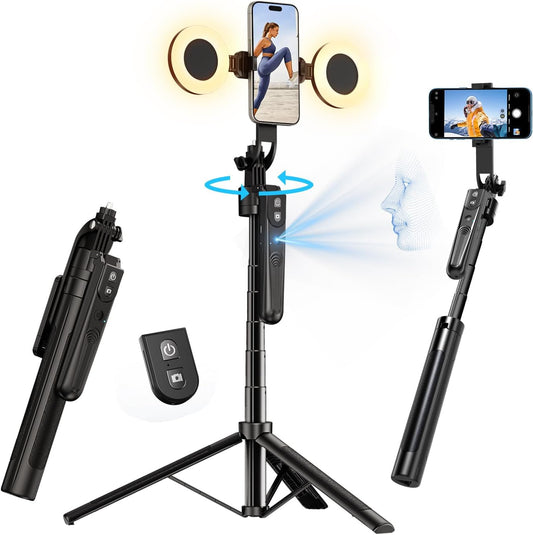 Tripod Selfie 360° avec Suivi AI - L'Accessoire Ultime pour Créateurs de Contenu - Télécommande, Lumières Pro et Micros en option