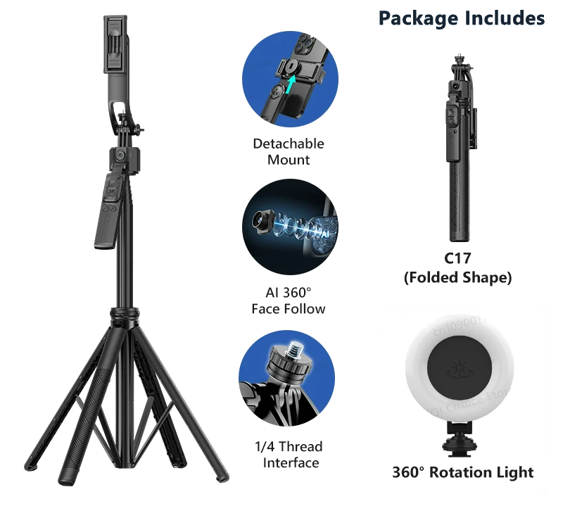 OLD Tripod Selfie 360° avec Suivi AI - L'Accessoire Ultime pour Créateurs de Contenu - Télécommande, Lumières Pro et Micros en option