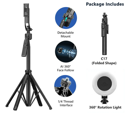 OLD Tripod Selfie 360° avec Suivi AI - L'Accessoire Ultime pour Créateurs de Contenu - Télécommande, Lumières Pro et Micros en option