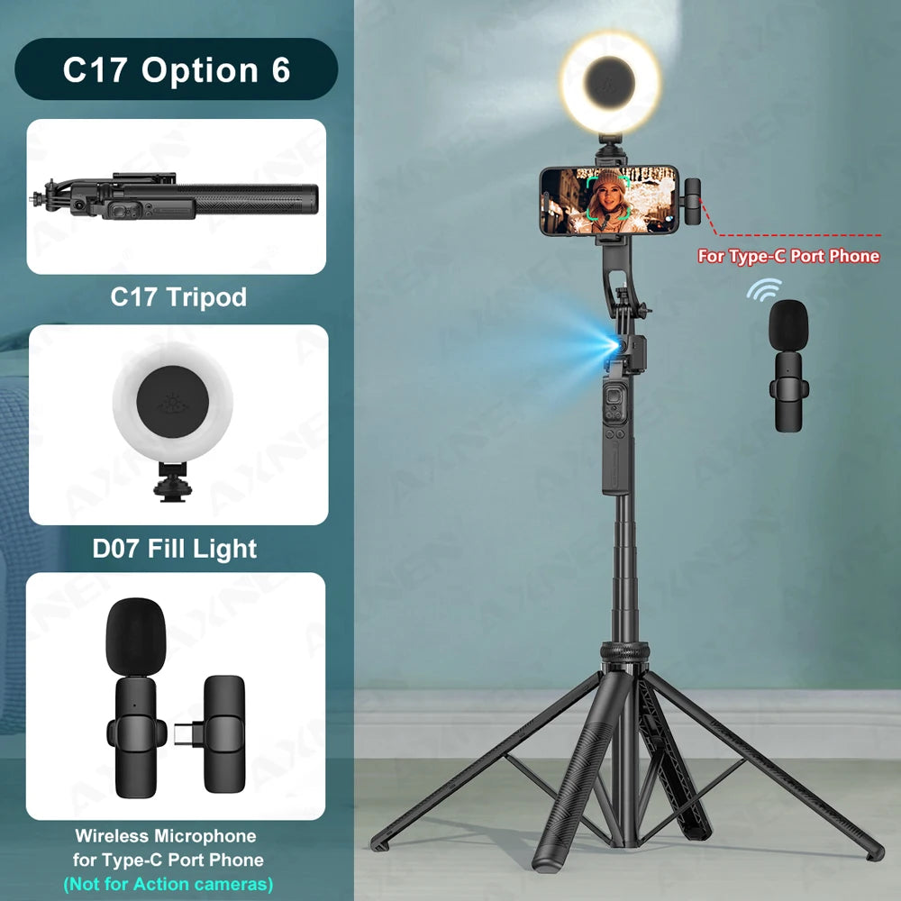 C17 Tripod for Mobile Phone Camera Stand with Wireless Remote 360° Rotation Video Recording, AI Face Follow Gimbal Selfie Stick